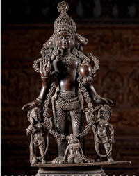 Brass Vaikuntha Vishnu statue: seated deity with ornate crown, garlands, 26 in