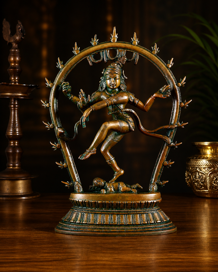 Decorative Brass Nataraja Shiva Statue with Oval Frame – Vintage Finish (Height:12.5 Inches)