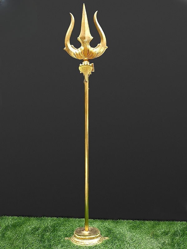 Brass Large Size Shiva''s Trishul (Trident) with Stand (Height: 72 Inches)