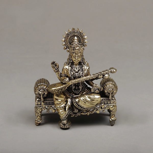 Brass Goddess Maa Saraswati seated Sculpture (Height :4 Inches) Mandir Setting