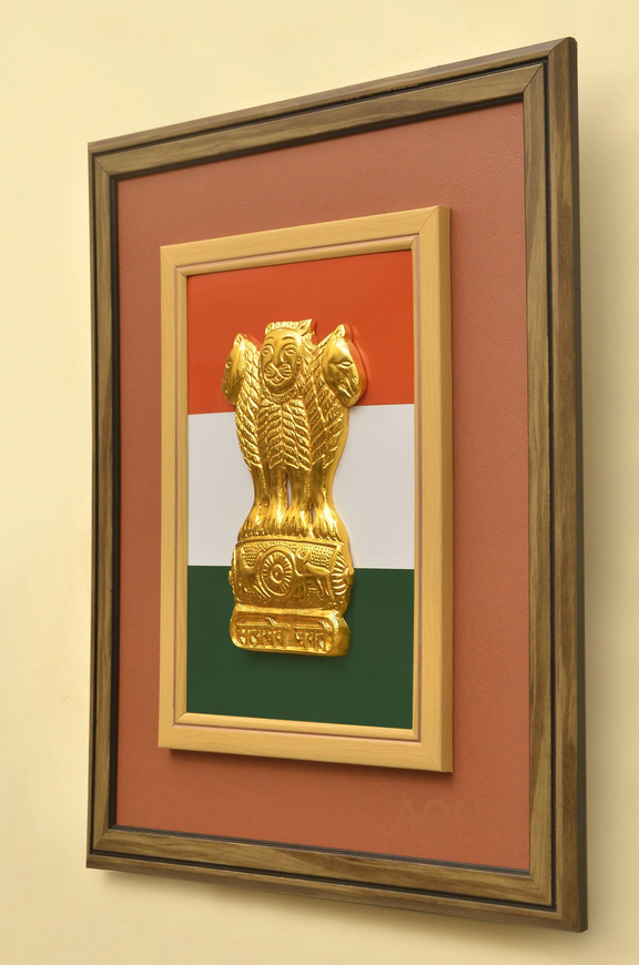 Gold Ashoka emblem pillar framed with tricolour design, angled