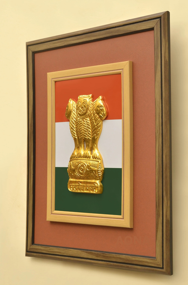 8" Metal Ashoka Pillar in 17" x 14.5" Wall Frame with Tricolour Backdrop | Handcrafted National Emblem Stambh for Home & Office Wall Decor Study Setting