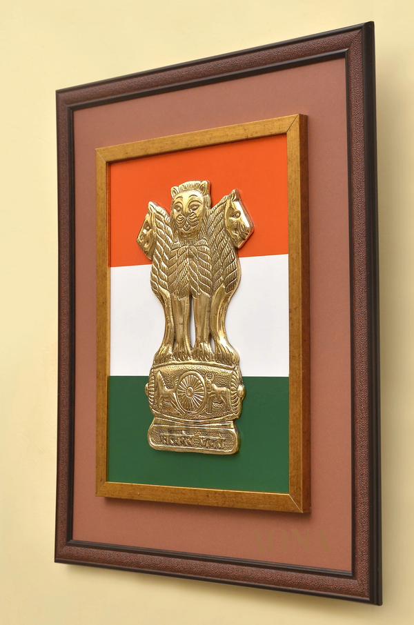 Premium 10.5" Brass Ashoka Stambh in Large 20" x 16.5" Wall Frame | Handcrafted National Emblem with Tricolour Backdrop Study Setting