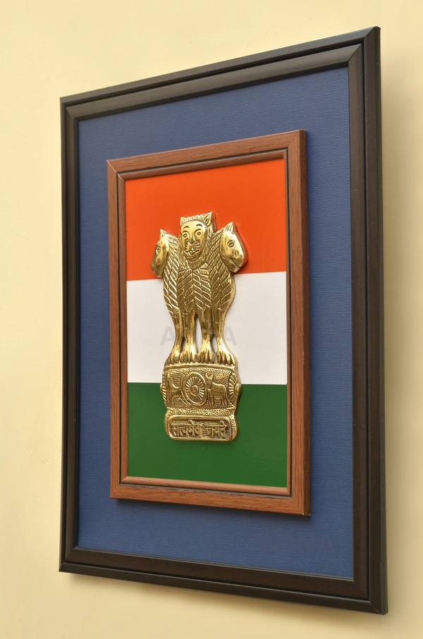 Premium 8" Brass Ashoka Pillar Wall Frame with Tricolour Background (17.5" x 15") | Handcrafted National Emblem Stambh for Home & Office Decor Study Setting
