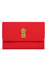 Red folder cover with gold brass emblem on flap