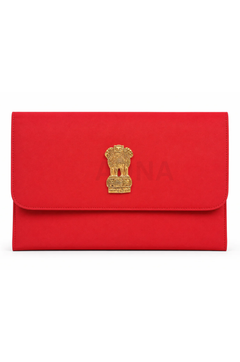 Red folder cover with gold brass emblem on flap