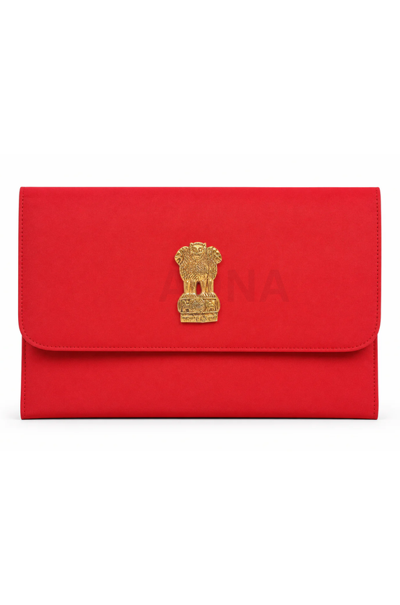 Red folder cover with gold brass emblem on flap