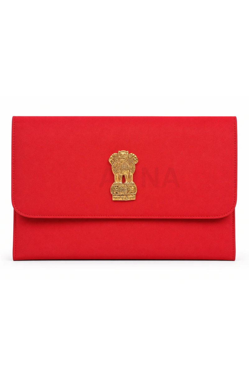Red folder cover with gold brass emblem on flap