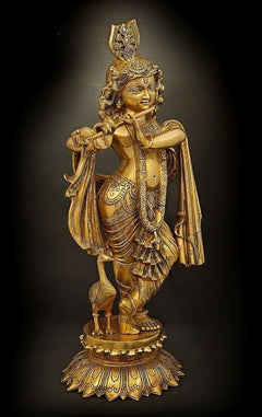 Lord Krishna brass idol holding flute to lips, ornate face, crown, draped robe