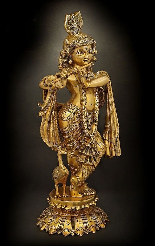 Brass Lord Krishna Playing Flute Idol (Height :26 Inches)