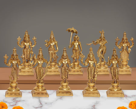 Brass Dasavatharam of Lord Vishnu Statues Ten Incarnations Avatars Murti (Hight: 9.5 Inches)