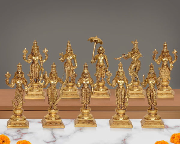 Brass Dasavatharam of Lord Vishnu Statues Ten Incarnations Avatars Murti (Hight: 9.5 Inches)