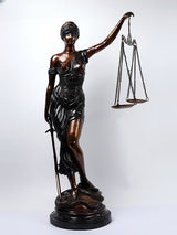 Brass Justice lady statue holding scale and sword, dark patina finish, 46 inch.