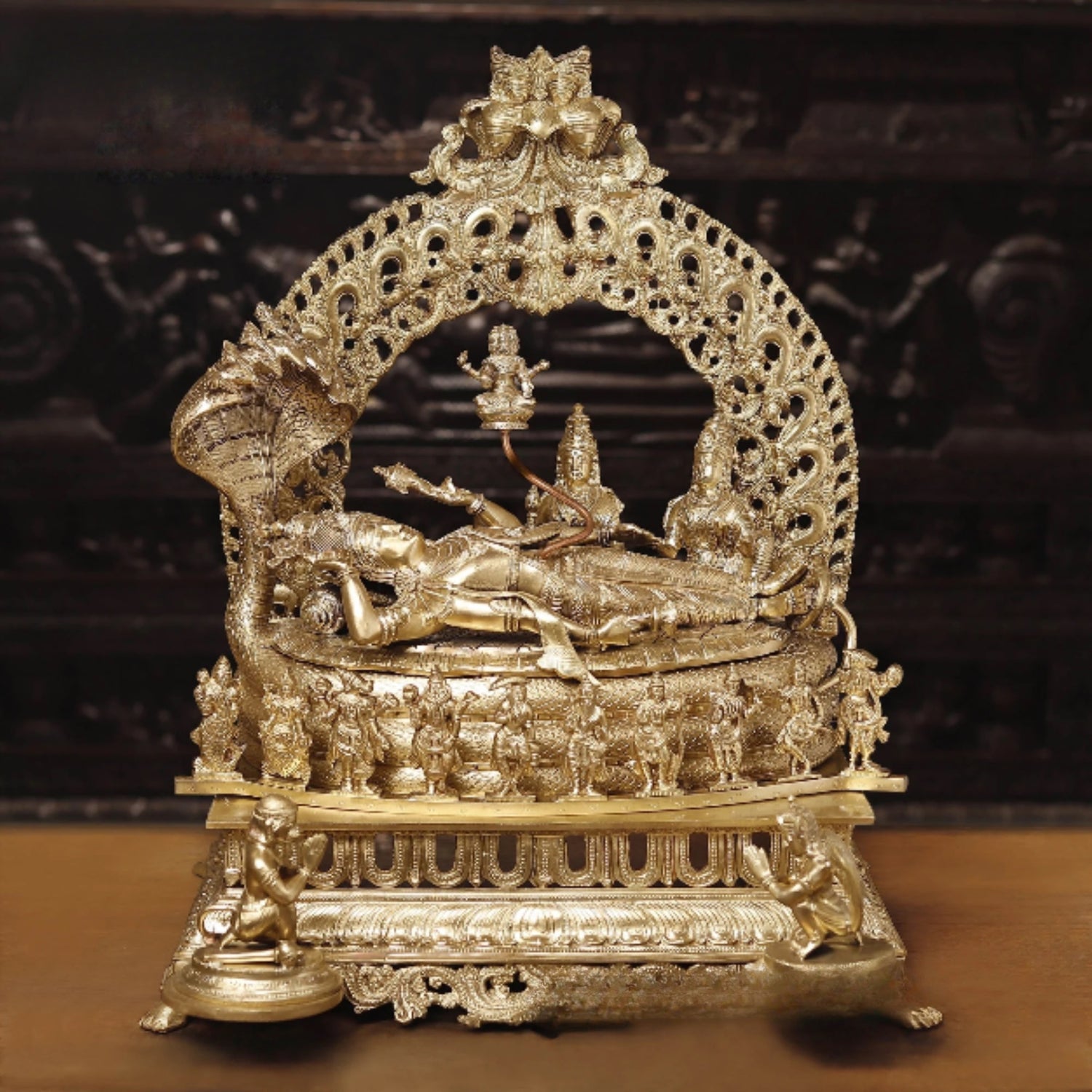 AONA Brass Large Size Vishnu on Sheshnag with Lakshmi, Brahma, and Dashavatara Statue