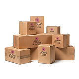 AONA branded cardboard shipping boxes stack, brown kraft with purple logo