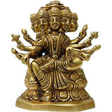 Brass Gayatri Mata statue, front view; crowned head with eight arms in prayer gestures