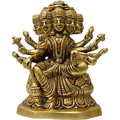 Brass Gayatri Mata statue, front view; crowned head with eight arms in prayer gestures