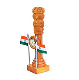 Wooden Ashoka stambh pillar with clock dial, two small flag stands, front view