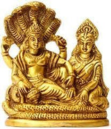 Brass Vishnu and Lakshmi statue, three-quarter view with joined seated figures