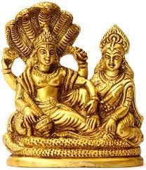 Brass Lord Vishnu with Lakshmi ji Statue, Height 4 Inches Study Setting