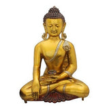 Brass Lord Buddha statue seated, holding bowl, serene face and ornaments
