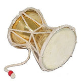 Heart-shaped brass damaru with two drum heads, tied strings and red-and-cream end bead