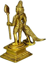 Kartikeya brass idol statuette, side view, seated with trident and draped ornaments