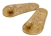 Gold brass charan paduka khadau with carved deity motifs, two sandals