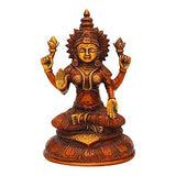 Brass 7 in Maa Laxmi statue, seated with four arms, ornate crown and jewelry