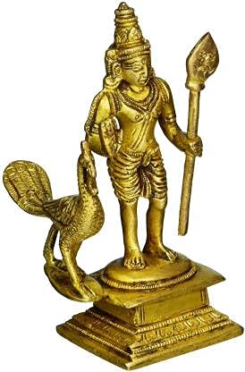Kartikeya brass idol, peacock design, 4.5 in height, seated holding trident