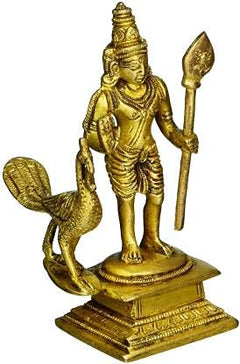 Kartikeya brass idol, peacock design, 4.5 in height, seated holding trident