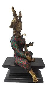 Saraswati Maa brass idol in multicolor robe, seated with open hands, on base