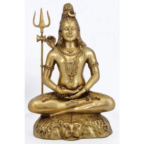 Brass Shiva statue, seated with trident, 22.7 in tall