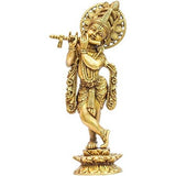 Brass Lord Krishna idol, 12" standing with flute, ornate jewelry and halo.