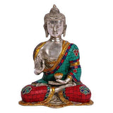 AONA 9" brass Buddha idol statue, seated cross-legged, teal and red robe accents