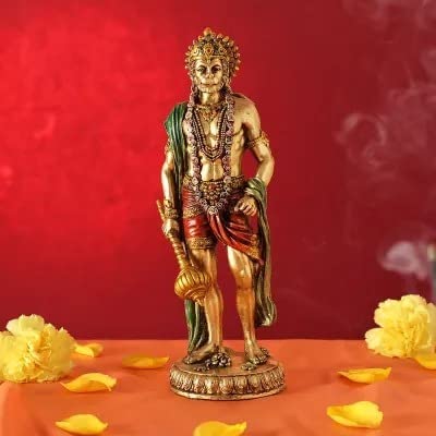 Polyresin Handicraft Statue of Lord Hanuman in Standing Position with Fully Decorate Ideal for Home puja and Gifting Purpose Multicolour Height 10.5 Inches