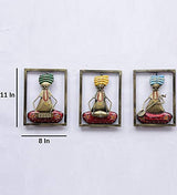 Three iron musician wall frames, labeled 11 in and 8 in; green, gold, and blue performers