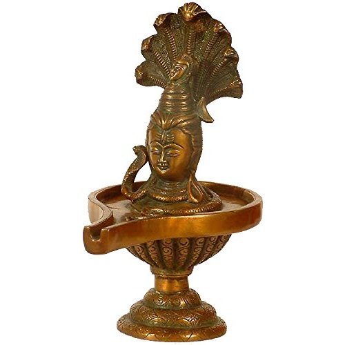 Brass Shivling statue with cobra, 9.5 in tall, detailed ornate base