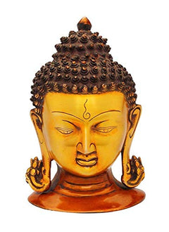 Brass Lord Buddha decor: front face with gold tone and textured dark hair