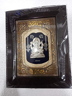 Silver Enameled Lord Ganesha in Wooden Photo Frame Wall Hanger Length 8.5 Inch