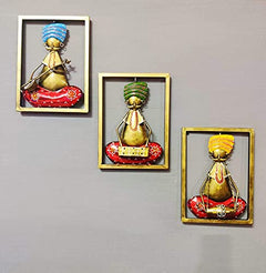 Iron musician wall decor set of 3 with gold, green, and blue performers in rectangular frames