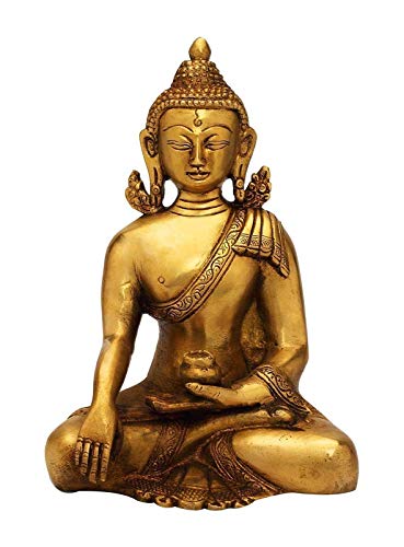 Brass Buddha idol in bhumisparsha pose, seated with hands touching ground (7 in)