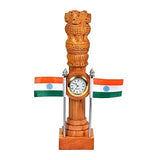 Carved wooden Ashoka stambh with round clock and raised Indian flag poles