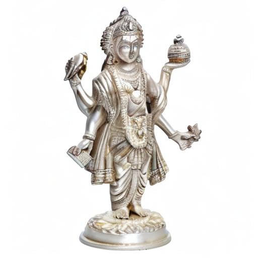 Dhanvantari The Physician of The Gods Holding The Vase of Immortality and Herbs Brass Statue Height 10.3 Inches Colour Silver Craft Detail
