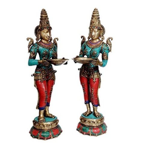 Brass Deeplaxmi with diya, set of 2—two standing deity figurines holding oil trays
