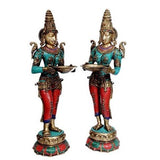 Brass Deeplaxmi with diya, set of 2—two standing deity figurines holding oil trays
