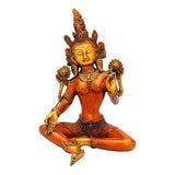 Seated Tara Devi idol figurine, multi-armed, bronze tone, 10 in