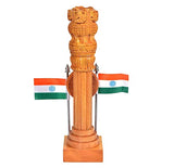 Wooden Ashoka stambh pillar with carved lion top, clock and Indian tricolor flags