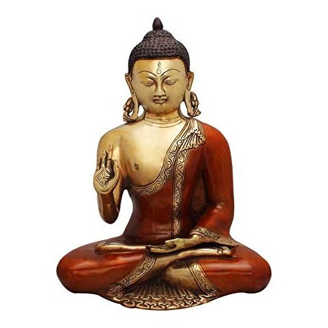 Brass Lord Buddha idol statue seated in meditation, raised hand
