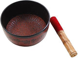 Brass Tibetan singing bowl with side engraving and wooden mallet, red felt, 6-inch